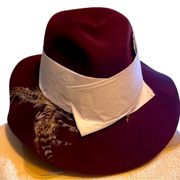 Eugenia Kim 'Georgina' Feather-Trimmed Wool Fedora Hat, Wine, Medium - Picture 3 of 7